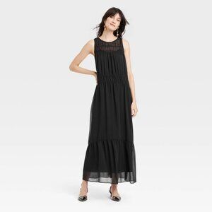 Women's Sheer Chiffon Maxi Dress - A New Day™ Black S: Sleeveless Crew Neck